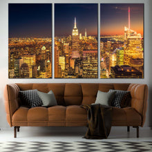 Load image into Gallery viewer, NYC Midtown Canvas Wall Art Yellow Manhattan City Lights  3 Piece Canvas Print In Living room
