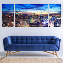 Load image into Gallery viewer, NYC Skyline Canvas Print Midtown Manhattan at Dusk Canvas Artwork Dramatic Blue Sky City Aerial View  3 Piece Canvas Wall Art In Living Room
