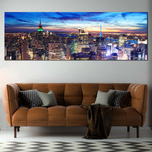 Load image into Gallery viewer, NYC  Skyline  Canvas  Print  Midtown  Manhattan  at  Dusk  Canvas  Artwork  Dramatic  Blue  Sky  City  Aerial  View  Living  Room  Panoramic  Canvas  Wall  Art For Living Room
