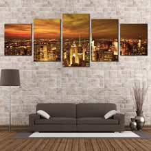 Load image into Gallery viewer, NYC Skyline Canvas Wall Art Brown New York City  5 Piece Canvas Print Dramatic Orange Cloudy Sky Multi Canvas For Living Room
