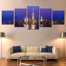 Load image into Gallery viewer, NYC Skyline Canvas Wall Art Downtown Manhattan Blue Purple Sky 5 Piece Multi Canvas Black New York Cityscape Canvas Print In Living Room
