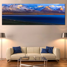 Load image into Gallery viewer, Nam lake Canvas Wall Art Blue Ocean Mountains Canvas Artwork China Namtso Mountain Lake Living Room Panoramic Canvas Print Yellow Tibet Sunrise Wide Canvas In Living Room

