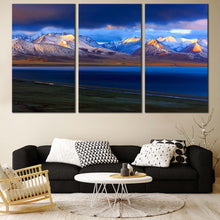 Load image into Gallery viewer, Nam lake Canvas Wall Art Blue Ocean Mountains Canvas Set China Namtso Mountain Lake  3 Piece Canvas Print Yellow Tibet Sunrise Multi Canvas For Living Room

