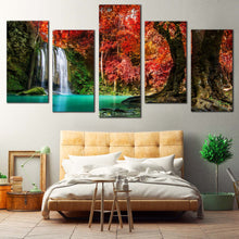 Load image into Gallery viewer, National Park Canvas Wall Art Red Green Autumn Trees Canvas Print Thailand White Waterfall Forest 5 Piece Multi Panel Canvas 
