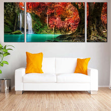 Load image into Gallery viewer, National  Park  Canvas  Wall  Art  Red  Green  Autumn  Trees  Canvas  Print  Thailand  White  Waterfall  Forest 3  Piece  Multi  Panel  Canvas In Living Room
