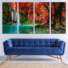 Load image into Gallery viewer, National Park Canvas Wall Art Red Green Autumn Trees Canvas Print Thailand White Waterfall Forest  4 Piece Multi Panel Canvas For Living Room
