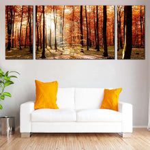 Load image into Gallery viewer, Nature  Scenery  Canvas  Wall  Art  Green  Fields  Autumn  Forest  3  Piece  Multi  Panel  Canvas  Orange  Trees  Sunrise  Forest  Canvas  Print In Living Room
