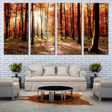 Load image into Gallery viewer, Nature Scenery Canvas Wall Art Green Fields Autumn Forest 4 Piece Multi Panel Canvas Orange Trees Sunrise Forest Canvas Print In Living room
