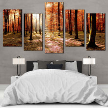 Load image into Gallery viewer, Nature Scenery Canvas Wall Art Green Fields Autumn Forest 5 Piece Multi Panel Canvas Orange Trees Sunrise Forest Canvas Print 
