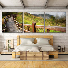 Load image into Gallery viewer, Nature  Scenery  Canvas  Wall  Art  Grey  Mountain  Sky  3  Piece  Multi  Canvas  Green  Scenery  Wooden  Path  Bedroom  Canvas  Print In Bedroom
