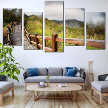 Load image into Gallery viewer, Nature Scenery Canvas Wall Art Grey Mountain Sky 5 Piece Multi Canvas Green Scenery Wooden Path  Canvas Print In Living Room
