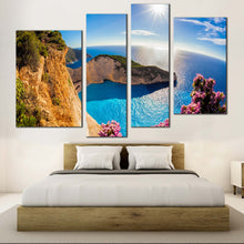 Load image into Gallery viewer, Navagio Beach Canvas Print Sunset in Blue Greece 4 Piece Canvas Navagio Green Bedroom Ocean Mountains Panorama Canvas Wall Art 
