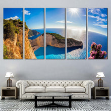 Load image into Gallery viewer, Navagio Beach Canvas Print Sunset in Blue Greece 5 Piece Canvas  Navagio Green Ocean Mountains Panorama Canvas Wall Art In Living room
