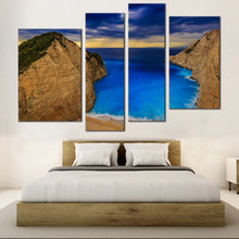 Load image into Gallery viewer, Navagio Beach Canvas Wall Art Brown Zakynthos Island Mountains Canvas Print Yellow Sky Ocean Beach Bedoom 4 Piece Canvas
