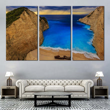 Load image into Gallery viewer, Navagio Beach Canvas Wall Art Brown Zakynthos Island Mountains Canvas Print Yellow Sky Ocean Beach  3 Piece Canvas For Living Room
