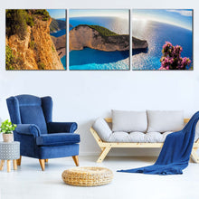 Load image into Gallery viewer, Navagio  Ocean  Canvas  Wall  Art  Green  Ocean  Mountains  Canvas  Print  Living  Room  Blue  Navagio  Beach  Greece  Sunset  3  Piece  Canvas In Living Room
