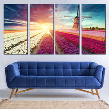 Load image into Gallery viewer, Netherlands Windmill Canvas Wall Art Green Windmill Scenery 4 Piece Multi Canvas Artwork Yellow White Tulips Sun Field Canvas Print For Living Room
