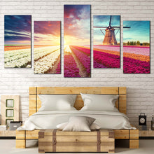 Load image into Gallery viewer, Netherlands Windmill Canvas Wall Art Green Windmill Scenery 5 Piece Multi Canvas Artwork Yellow White Tulips Sun Field Canvas Print
