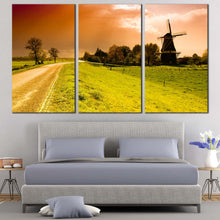 Load image into Gallery viewer, Netherlands Windmill Canvas Wall Art Green Windmill Scenery  3 Piece Canvas Beautiful Orange Sunset Windmill Canvas Print In Bedroom
