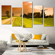 Load image into Gallery viewer, Netherlands Windmill Canvas Wall Art Green Windmill Scenery  5 Piece Canvas Beautiful Orange Sunset Windmill Canvas Print In Living Room
