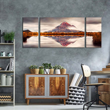 Load image into Gallery viewer, NewZealand Canvas WallArt White Sky Mount Taranaki 3 Piece Multiple Canvas Brown Mountain Lake Reflection Triptych Canvas Print
