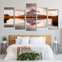 Load image into Gallery viewer, New Zealand Canvas WallArt White Sky Mount Taranaki 5 Piece Multiple Canvas Brown Mountain Lake Reflection Canvas Print In Bedroom
