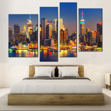 Load image into Gallery viewer, New York Canvas Print Blue Midtown Manhattan Night Cityscape Canvas Artwork Yellow New York City Lights Bedoom 4 Piece Canvas Wall Art

