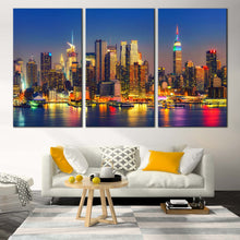 Load image into Gallery viewer, New York Canvas Print Blue Midtown Manhattan Night Cityscape Canvas Set Yellow New York City Lights  3 Piece Canvas Wall Art In Living room
