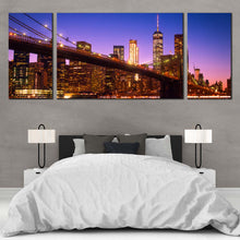Load image into Gallery viewer, New York Canvas Print Freedom Tower Night Blue Cityscape  3 Piece Multi Canvas Brooklyn Bridge Canvas Wall Art Brown Manhattan Skyline Canvas Set For Bedroom

