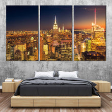 Load image into Gallery viewer, New York Canvas Print NYC Midtown at Night Bedoom 3 Piece Canvas Wall Art Yellow Manhattan City Lights Canvas Set Orange Sky New York City Multi Canvas For Bedroom

