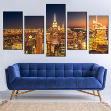 Load image into Gallery viewer, New York Canvas Print NYC Midtown at Night  5 Piece Canvas Wall Art Yellow Manhattan City Lights Canvas Set Orange Sky New York City Multi Canvas
