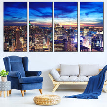 Load image into Gallery viewer, New York Canvas Wall Art Blue Sky Manhattan Downtown Cityscape  4 Piece Canvas Yellow NYC Skyline Aerial View Canvas Print For Living Room
