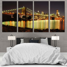 Load image into Gallery viewer, New York Canvas Wall Art Grey New York Skyline  4 Piece Canvas Artwork Brooklyn Bridge Canvas Set Yellow City Bridge Lights Canvas Print For Your Bedroom
