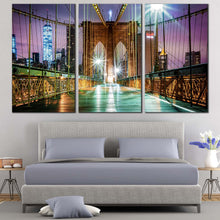 Load image into Gallery viewer, New York Canvas Wall Art Inside Green Brooklyn Bridge Empty  3 Piece Canvas Set Purple Sky City Bridge Triptych Canvas Print For Bedroom
