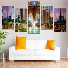 Load image into Gallery viewer, New York Canvas Wall Art Inside Green Brooklyn Bridge Empty  5 Piece Canvas Set Purple Sky City Bridge Canvas Print In Living Room
