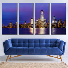 Load image into Gallery viewer, New York Canvas Wall Art Manhattan Skyline  4 Piece Canvas Blue Downtown Manhattan at Night Canvas Print Black New York Cityscape Multiple Canvas In Your Living Room
