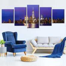 Load image into Gallery viewer, New York Canvas Wall Art Manhattan Skyline  5 Piece Canvas Blue Downtown Manhattan at Night Canvas Print Black New York Cityscape Multiple Canvas For Your Living room
