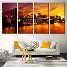 Load image into Gallery viewer, New York City Canvas Wall Art Brooklyn Bridge at Yellow Sunset  4 Piece Canvas Print Black Manhattan Cityscape Multiple Canvas For Living Room
