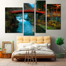 Load image into Gallery viewer, Nikko City Canvas Wall Art Yellow Mountain Lights Nature Scenery Multi Canvas Blue Clear Water Forest  4 Piece Canvas Print Japan Red Shinkyo Bridge Multi Canvas Artwork 
