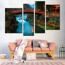 Load image into Gallery viewer, Nikko Japan Canvas Wall Art Red Shinkyo Bridge Nature Scenery Canvas Set Green Trees Mountains Landscape  4 Piece Canvas Print Blue Clear Water Forest Multi Canvas 
