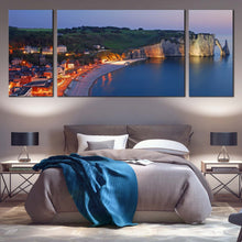 Load image into Gallery viewer, Normandy France Canvas Wall Art Blue Ocean City Beach Multiple Canvas Green Etretat Village Cliff Canvas  3 Piece Canvas Print In Bedroom
