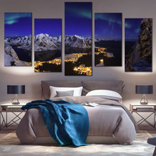 Load image into Gallery viewer, Northern Lights Canvas Wall Art Blue Sky Aurora Seascape  5 Piece Canvas Print White Snowy Mountain Village Multi Panel Canvas In Bedroom
