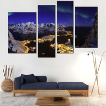 Load image into Gallery viewer, Northern Lights Canvas Wall Art Blue Sky Aurora Seascape  4 Piece Canvas Print White Snowy Mountain Village Multi Panel Canvas 
