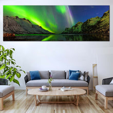 Load image into Gallery viewer, Northern  Lights  Canvas  Wall  Art  Dramatic  Blue  Starry  Sky  Living  Room  1  Piece  Canvas  Green  Ersfjord  Norway  Aurora  Canvas  Wall  Art For Living Room
