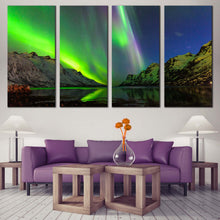 Load image into Gallery viewer, Northern Lights Canvas Wall Art Dramatic Blue Starry Sky  4 Piece Canvas Green Ersfjord Norway Aurora Canvas Wall Art In Living room
