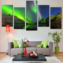 Load image into Gallery viewer, Northern Lights Canvas Wall Art Dramatic Blue Starry Sky  5 Piece Canvas Green Ersfjord Norway Aurora Canvas Wall Art For Your Living Room
