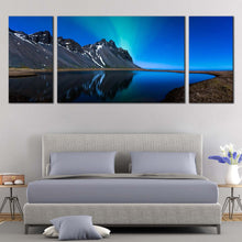 Load image into Gallery viewer, Northern Lights Canvas Wall Art Grey Mountain Water Reflection  3 Piece Canvas Print Blue Sky Coast Mountain Lake Multi Canvas In Bedroom
