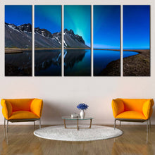 Load image into Gallery viewer, Northern Lights Canvas Wall Art Grey Mountain Water Reflection  5 Piece Canvas Print Blue Sky Coast Mountain Lake Canvas Set In Living Room
