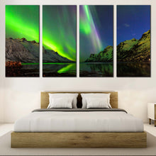 Load image into Gallery viewer, Norway Aurora Canvas Wall Art Green Ersfjord Polor Lights  4 Piece Canvas Print Dramatic Blue Starry Sky Canvas Set For Your Bedroom
