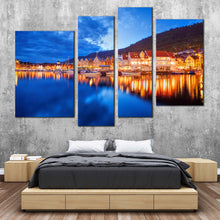 Load image into Gallery viewer, Norway Houses Canvas Print Orange Bergen City Reflection Canvas Artwork Beautiful Blue Cloudy Sky Canvas Boats Canal Lake  
